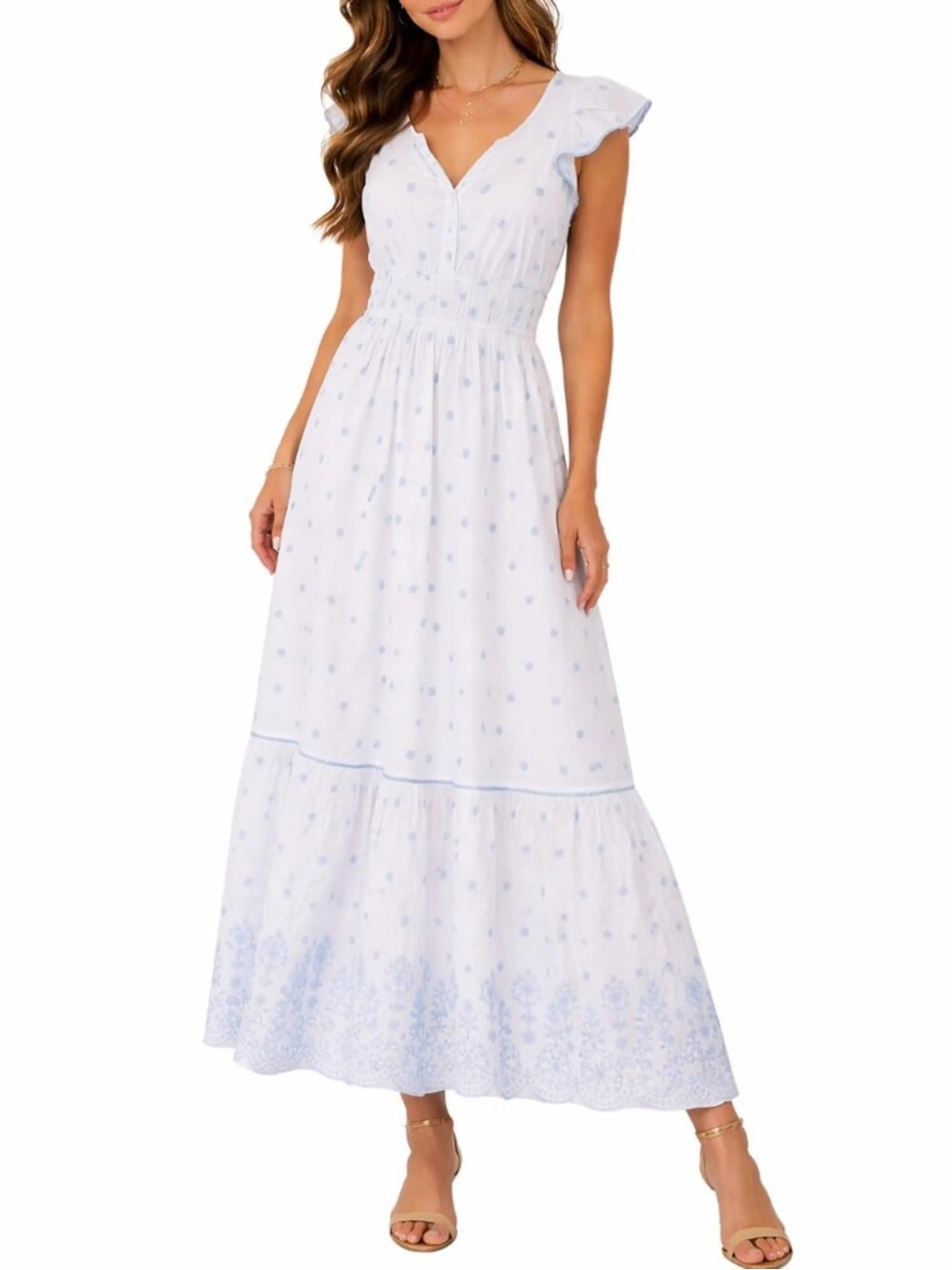 Rachel Zoe White & Light Blue Floral Embroidered Maxi Dress With Smocked Waist
